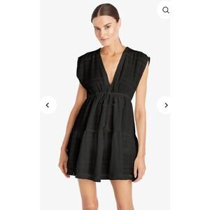 Robin Piccone Natalie Flouncy Deep V-Neck Cover Up Mini Dress Black Womens NWOT